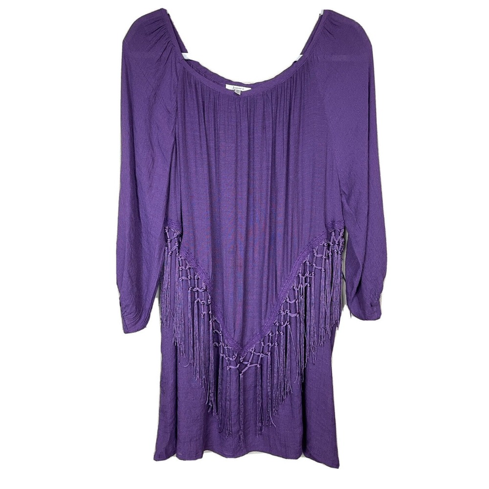 JODIFL purple long‎ sleeve mini dress tunic chiffon fringe boho flowy sz S, EUC